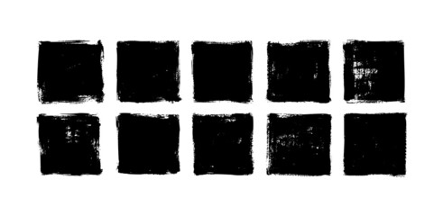 Black vector square box collection. Black painted square or rectangular shapes isolated on white background. Set of grunge template backgrounds. Hand drawn shape with rough edges - obrazy, fototapety, plakaty