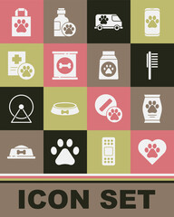 Set Heart with animals footprint, Bag of food, Pets vial medical, Veterinary ambulance, Canned, Clinical record pet, Shopping bag and icon. Vector