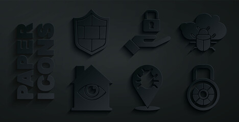 Set System bug, on a cloud, House with eye scan, Safe combination lock, Lock hand and Shield brick wall icon. Vector