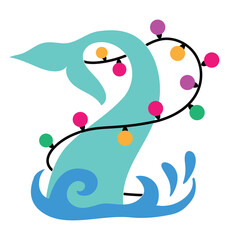 Cartoon mermaid tail, decorated with a Christmas tree garland.