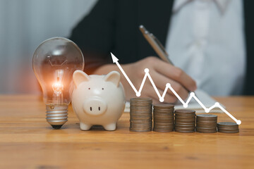 Light bulb Energy saving and pig piggy bank a coin glass on the floor white background