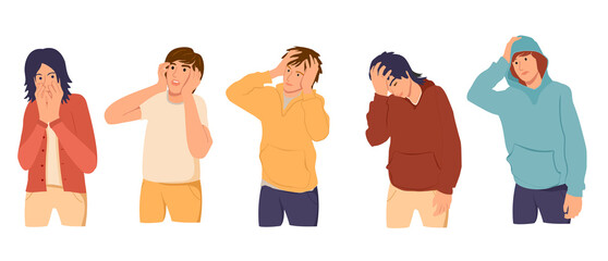 Set of regret, desperate or embarrassed people vector. Sad unhappy disappointed adult characters in bad failure situation, with face palm gesture, touch head in headache, disappointment or shame