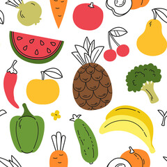 Pattern with fruits and vegetables in a minimalistic flat style. Watermelon, pineapple, cucumber, bananas and others on a white background. Vector illustration in cartoon childish style, hand-drawn