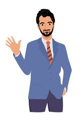  heerful businessman waving hello. Greeting gesture. Guy, man waving hand saying hi. Character wave their hand. Flat design vector illustration.