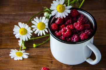 Freshly picked red ripe raspberries in a white enameled mug and chamomile flowers on a wooden table
