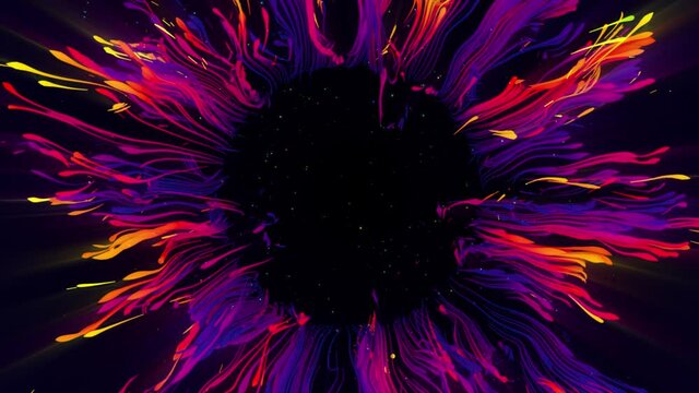 Abstract feather with particles on black background 4k footage moving in slow motion, Holi celebrations background