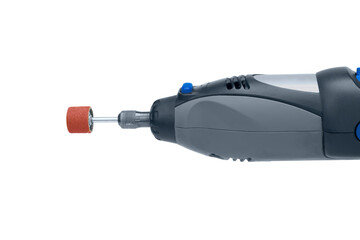 Mini drill with sanding drum on isolated white background