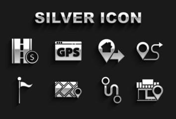 Set City map navigation, Route location, Location with store, marker, house, Toll road traffic sign and Gps device icon. Vector