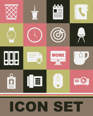 Set Movie, film, media projector, Cup of tea with tea bag, Office chair, Spiral notebook, Clock, Wrist watch, Trash can and Target sport icon. Vector