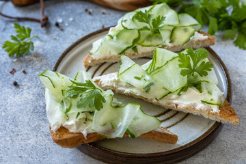 Healthy breakfast or holiday snacks. Toast with cucumbers, herbs and ricotta on a light slate stoleshnitsfone.
