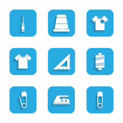 Set Triangular ruler, Electric iron, Safety pin, Sewing thread, T-shirt, and Awl tool icon. Vector