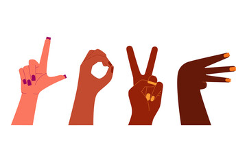 Fototapeta premium Love word created with diverse female hands. Creative typography. Colorful, vector illustration on white background, creative lettering 
