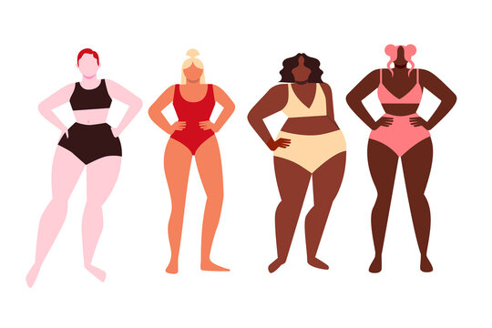 Set of different body types, sizes and skin tones. Concept on beauty standards. Hairy armpits, natural, authentic bodies. Colorful vector illustration on white background