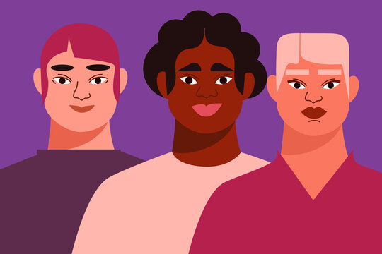 Three non-binary, gender fluid people. Concept illustration on diversity, LGBTQ, queer community, equality. Colorful illustration on purple background. 