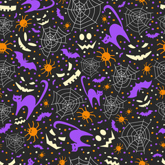 Halloween seamless pattern on black background. The pattern includes a cat, spider, bat, cobweb, of Jack-o-lantern emotions. Vector illustration in black, purple and orange colors .