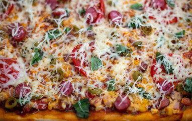 Pepperoni pizza with pizza sauce, mozzarella cheese and pepperoni. Pizza view from the top with ingredients