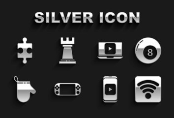 Set Portable video game console, Billiard pool snooker ball, Wi-Fi wireless internet network, Online play, Oven glove, Piece of puzzle and Business strategy icon. Vector