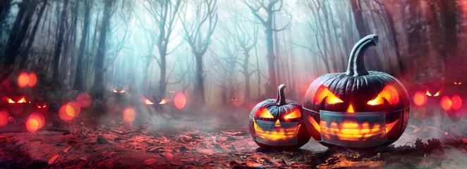 Foto op Plexiglas Halloween With Protective Mask - Pumpkins in Forest © Romolo Tavani