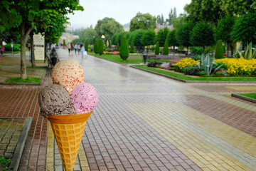 A big ice cream figure. Advertising shape of ice cream stands on the street to attract customers to a cafe or ice cream shop