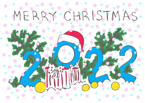 Hand drawn digital festive art. Christmas 2022 print. Santa hat. Tree. Confetti. Lettering. White background. Congratulatory horizontal design template pattern for card, poster