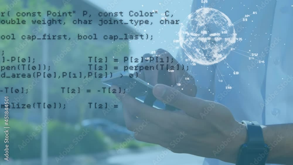 Poster animation of data processing and globe of connections over man using smartphone