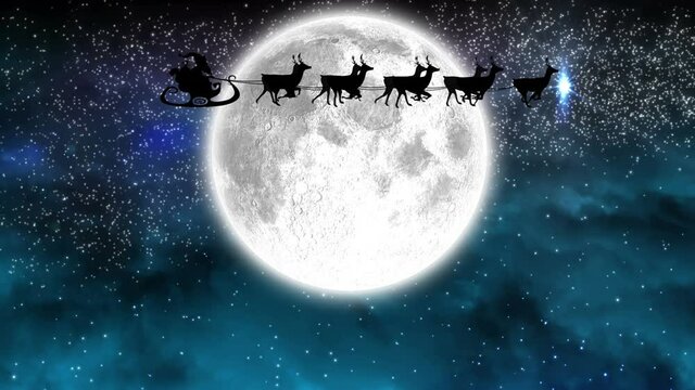 Animation of santa claus in sleigh with reindeer over moon and shooting star