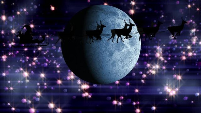 Animation of santa claus in sleigh with reindeer over moon and snow falling