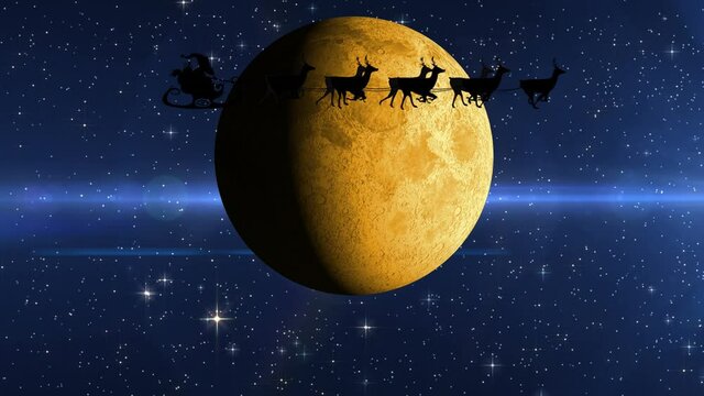 Animation of santa claus in sleigh with reindeer over moon and stars