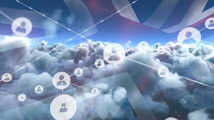 Animation of network of connections with icons over flag of great britain and clouds on sky - Powered by Adobe