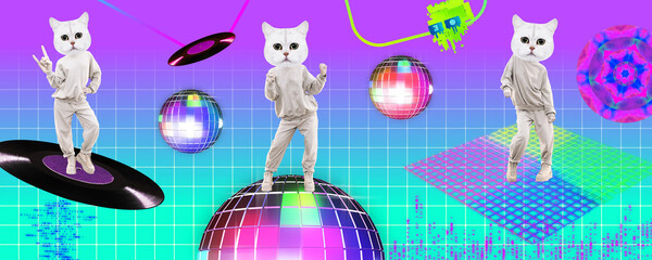 Stylish collage banner. Funny Cats dancing party mood.  Ideal for Social networks, promotion concept