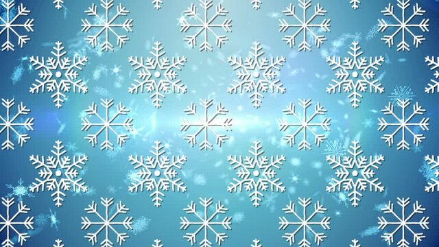 Animation of repeated white snowflakes moving over glowing lights on blue background