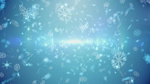 Animation of white snowflakes falling over glowing lights on blue background