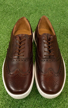 A brown tan pair of wingtip sneaker on isolated background green grass. These brogue shoe are formal but casual style for men.