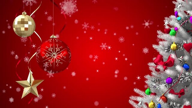 Animation of decorated white christmas tree and baubles, with falling snowflakes on red