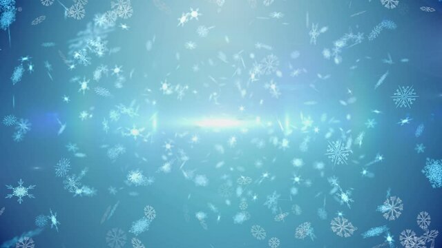 Animation of falling snowflakes and glowing light on blue background