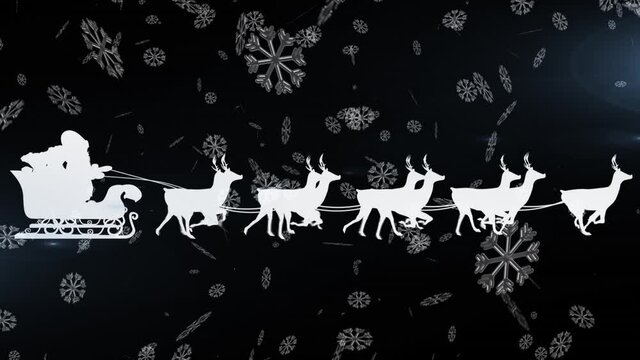 Animation of white santa sleigh and reindeer, with falling snowflakes on black background