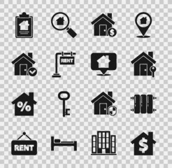 Set House with dollar symbol, Heating radiator, key, Hanging sign Rent, check mark, contract and Location house icon. Vector
