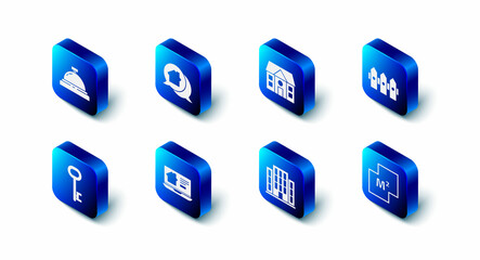 Set Real estate message house, House, Garden fence wooden, plan, Online real, key and Hotel service bell icon. Vector