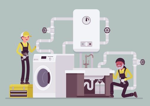 Professional plumbers installing, maintaining water pipe system in kitchen, bathroom. Technicians upgrading, replacing water heater, filtration for bathing, cooking or laundry. Vector illustration