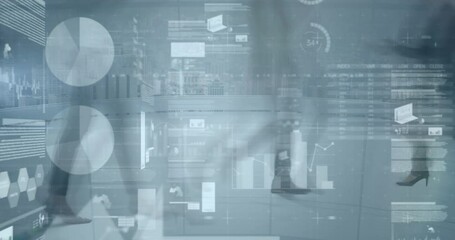 Animation of financial data processing over business people walking in office - Powered by Adobe