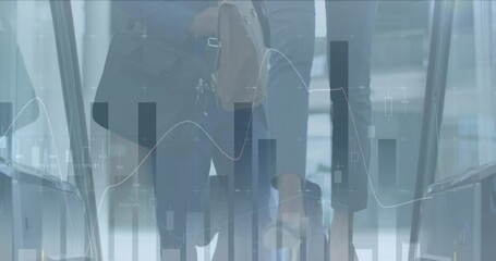 Animation of financial data processing over business people using escalator in office - Powered by Adobe