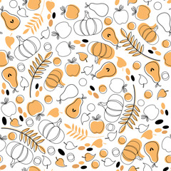 Autumn pattern with fruits, pumpkins and flowers