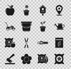 Set Pack full of seeds of plant, Watering can, Bird house, Bucket, Lawn mower, Apple and Plant pot icon. Vector