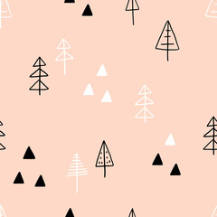 Vector seamless pattern with doodle cute mountains and trees on a pink background. Cute mountains background. Nature. Landscape. Creative kids texture for fabric, wrapping, textile, wallpaper.