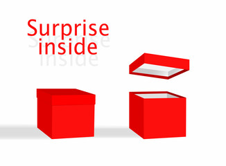 Red paper box with shadow isolated on white background. Surprise inside. Vector illustration