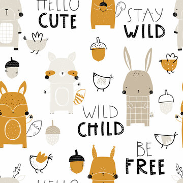 Vector Hand-drawn Colored Childrens Seamless Repeating Pattern With Cute Deer, Fox, Raccoon, Squirrel, Trees, On A White Background. Creative Kids Forest Texture For Fabric, Wallpaper, Apparel.