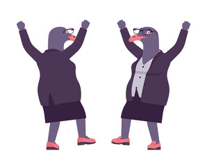 Bird woman, seagull head female pigeon in human wear happy. Plump rounded person with short legs, clumsy seabird, wild marine creature. Vector flat style cartoon illustration, front and rear view