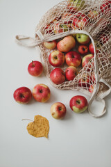 Fresh ripe red apples in a eco mesh shopping bag on a white background. Zero waste, no plastic. Autumn flatlay