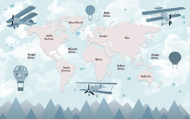 World map for kids with cute cartoon planes and air balloons. Children's map design for wallpaper, kid's room, wall art. America, Europa, Asia, Africa, Australia, Arctica. illustration. © ZHUKO