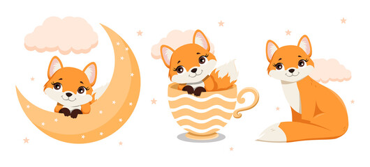 Little fox set. Cute wild animal with moon, cup and cloud. Colorful collection for stickers, posters and printing on fabric. Cartoon modern flat vector illustrations isolated on white background